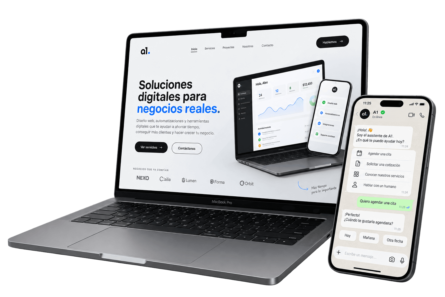 MacBook con página web profesional y celular con automatización de WhatsApp